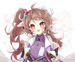 Rule 34 | 1girl, arknights, artist name, asymmetrical hair, blush, brown hair, commentary request, eyjafjalla (arknights), eyjafjalla the hvit aska (arknights), horns, itsuki 02, jacket, long hair, looking at viewer, open mouth, purple shirt, red eyes, sheep girl, sheep horns, shirt, side ponytail, solo, twitter username, upper body, white jacket