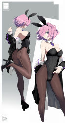 Rule 34 | animal ears, ass, bad id, bad pixiv id, bare shoulders, black leotard, breasts, commission, cropped legs, detached collar, fake animal ears, fate/grand order, fate (series), hair over one eye, high heels, highleg, highleg leotard, highres, jacket, leotard, light purple hair, mash kyrielight, medium breasts, multiple views, off shoulder, open clothes, open jacket, pantyhose, playboy bunny, purple eyes, rabbit ears, rabbit tail, sakuraidai, short hair, skeb commission, strapless, strapless leotard, tail