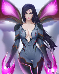 Rule 34 | 1girl, black hair, breasts, cleavage, closed mouth, cowboy shot, dual wielding, facial mark, gloves, highres, holding, kai&#039;sa, large breasts, league of legends, lips, long hair, looking at viewer, mcdobo, purple eyes, solo, standing, sword, weapon