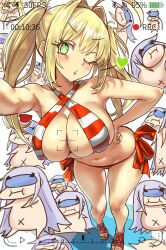 Rule 34 | 1girl, absurdres, ahoge, artoria caster (fate), artoria pendragon (fate), bare shoulders, bikini, blonde hair, blush, breasts, chibi, cleavage, collarbone, criss-cross halter, ebora, fate/grand order, fate (series), green eyes, hair intakes, halterneck, highres, large breasts, long hair, looking at viewer, melusine (fate), navel, nero claudius (fate), nero claudius (fate) (all), nero claudius (swimsuit caster) (fate), one eye closed, open mouth, outstretched arm, red bikini, selfie, solo focus, striped bikini, striped clothes, swimsuit, thighs, twintails, viewfinder