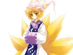 Rule 34 | 1girl, blonde hair, female focus, fox tail, game cg, hands in opposite sleeves, hat, riv (rivleaf), short hair, smile, solo, tachi-e, tail, touhou, transparent background, yakumo ran, yellow eyes