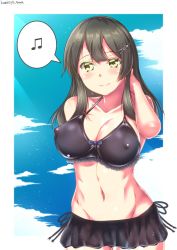 Rule 34 | 1girl, beamed eighth notes, bikini, bikini skirt, black bikini, black hair, blue sky, breasts, cleavage, cloud, collarbone, commentary request, cowboy shot, eighth note, covered erect nipples, frilled bikini, frills, groin, hair ornament, hairclip, highres, kantai collection, kumichou (nakasato-gumi), long hair, looking at viewer, medium breasts, musical note, one-hour drawing challenge, oyashio (kancolle), side-tie bikini bottom, sky, smile, solo, spoken musical note, swimsuit, yellow eyes