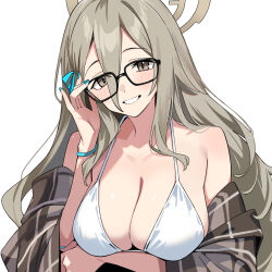Rule 34 | 1girl, :d, adjusting eyewear, akane (blue archive), arm under breasts, bikini, blue archive, blue ribbon, breasts, brown shawl, cleavage, commentary request, grey eyes, grey hair, grey halo, hair ribbon, halo, hand up, highres, large breasts, light blush, long hair, looking at viewer, nail polish, open mouth, plaid, plaid shawl, rectangular eyewear, ribbon, shawl, shirt, simple background, smile, solo, straight-on, swimsuit, upper body, white background, white bikini, xiaoxiao de kuangsan
