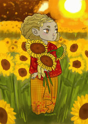 Rule 34 | 1girl, blonde hair, flower, highres, kelheor, original, solo, sun, sunflower, yellow eyes