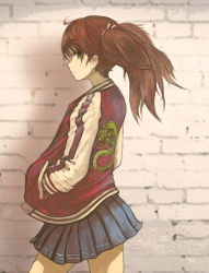 Rule 34 | 1girl, alternate costume, black skirt, brick wall, brown eyes, brown hair, closed mouth, dragon print, from side, hair ribbon, hands in pockets, highres, jacket, kantai collection, long hair, long sleeves, nito (nshtntr), pleated skirt, profile, ribbon, ryuujou (kancolle), skirt, solo, twintails