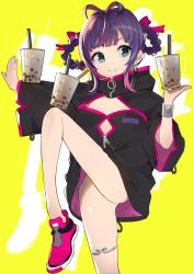 Rule 34 | 1girl, :t, absurdres, antenna hair, ass, bad id, bad pixiv id, balancing, black dress, blue eyes, blush, braid, braided hair rings, china dress, chinese clothes, closed mouth, commentary request, cup, disposable cup, dress, drop shadow, earrings, eating, hair rings, highres, jewelry, long sleeves, multicolored hair, omucchan (omutyuan), original, outstretched arm, pink footwear, pink hair, purple hair, shoes, short dress, solo, standing, standing on one leg, streaked hair, turtleneck, twin braids, v-shaped eyebrows, wide sleeves, yellow background