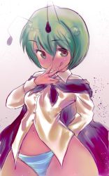 Rule 34 | 1girl, :q, antennae, arm behind back, bad id, bad pixiv id, blush, bob cut, buttons, cape, cong1991, dress shirt, fingernails, fingers to mouth, gradient background, green eyes, green hair, matching hair/eyes, naughty face, navel, no pants, panties, shirt, short hair, solo, spread fingers, striped clothes, striped panties, tongue, tongue out, touhou, underwear, wide hips, wriggle nightbug