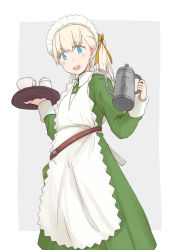 Rule 34 | 1girl, :d, alternate costume, apron, blonde hair, blue eyes, character name, cup, dress, enmaided, from below, green dress, hair ribbon, holding, holding pot, holding tray, kantai collection, kettle, kugui kiyunemu, long hair, looking at viewer, maid, maid apron, maid headdress, official alternate costume, open mouth, orange ribbon, pot, ribbon, shin&#039;you (kancolle), side ponytail, simple background, smile, solo, teacup, tray