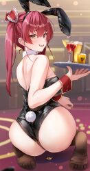 Rule 34 | 1girl, absurdres, alcohol, animal ears, ass, back, bare shoulders, black leotard, blurry, blurry background, blush, bow, bowtie, breasts, coin, commentary request, cup, detached collar, drink, drinking glass, fake animal ears, fake tail, feet, food, from behind, fruit, gold coin, hair between eyes, heterochromia, highres, holding, holding coin, holding tray, hololive, houshou marine, iroha (unyun), large breasts, leotard, light particles, long hair, looking at viewer, looking back, median furrow, no shoes, open mouth, playboy bunny, rabbit ears, rabbit tail, red bow, red bowtie, red eyes, red hair, smile, soles, solo, strapless, strapless leotard, tail, toes, tray, twintails, virtual youtuber, wrist cuffs, yellow eyes