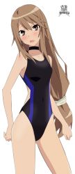 Rule 34 | 1girl, black one-piece swimsuit, blush, breasts, brown hair, choker, collarbone, fang, highres, long hair, looking at viewer, one-piece swimsuit, ookami-san, ookami ryouko, open mouth, small breasts, standing, swimsuit, white background