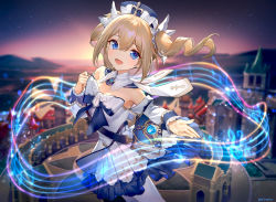 Rule 34 | 1girl, ainy, ankh, architecture, barbara (genshin impact), bare shoulders, beamed eighth notes, blonde hair, blue dress, blue eyes, blue headwear, blurry, blurry background, book, bow, city, commentary request, cowboy shot, cross, detached collar, detached sleeves, dress, drill hair, eighth note, evening, frilled dress, frills, genshin impact, hair between eyes, hair ribbon, hand up, highres, latin cross, light blush, long hair, long sleeves, looking at viewer, magic, musical note, off-shoulder dress, off shoulder, open mouth, outdoors, outstretched arm, outstretched hand, pantyhose, priestess, quarter note, ribbon, ringlets, scenery, sleeve cuffs, smile, solo, staff (music), tareme, tower, treble clef, twin drills, twintails, two-tone dress, two-tone headwear, white dress, white headwear, white pantyhose, white ribbon, white sleeves