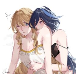 Rule 34 | 2girls, alternate costume, assertive female, babydoll, bare arms, bare shoulders, black bra, blonde hair, blue eyes, blue hair, bra, clorinde (genshin impact), closed mouth, couple, genshin impact, glaciel, hair between eyes, hand on another&#039;s chest, hug, hug from behind, light blush, long hair, looking at another, multicolored hair, multiple girls, navia (genshin impact), one eye closed, purple eyes, shirt, simple background, trembling, underwear, upper body, white babydoll, white background, white shirt, yuri