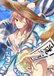 Rule 34 | 1girl, animal ears, bad id, bad pixiv id, beach, bikini, blue bikini, breasts, cleavage, day, ears through headwear, fate/grand order, fate (series), fox ears, fox tail, gohei (aoi yuugure), hat, highres, large breasts, long hair, looking at viewer, nature, navel, ocean, one eye closed, outdoors, pink hair, see-through, shirt, solo, swimsuit, tail, tamamo (fate), tamamo no mae (fate/extra), tamamo no mae (swimsuit lancer) (fate), tamamo no mae (swimsuit lancer) (second ascension) (fate), wet, wet clothes, wet shirt, yellow eyes