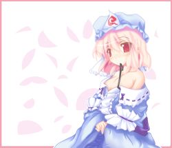 Rule 34 | 1girl, bare shoulders, breasts, cleavage, female focus, hat, medium breasts, mob cap, mouth hold, off shoulder, pink eyes, pink hair, saigyouji yuyuko, solo, take tonbo, touhou, triangular headpiece
