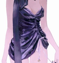 Rule 34 | 1girl, alternate costume, arms at sides, black nails, breasts, cleavage, dress, fingernails, gluteal fold, groin, gundam, huangdanlan, medium breasts, nail polish, original, purple dress, ribbon, simple background, solo, white background