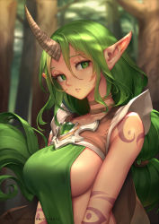Rule 34 | 1girl, breasts, day, dryad soraka, green eyes, green hair, hair between eyes, highres, horns, large breasts, league of legends, lips, long hair, looking at viewer, oopartz yang, outdoors, parted lips, pointy ears, shoulder pads, sideboob, single horn, solo, soraka (league of legends), tabard, tattoo, tree, upper body, v arms, very long hair, wavy hair