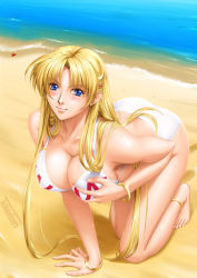 Rule 34 | 1girl, all fours, anklet, barefoot, beach, bikini, blonde hair, blue eyes, blush, bracelet, grabbing another&#039;s breast, breasts, cleavage, crescent, crescent hair ornament, day, grabbing, hair ornament, jewelry, large breasts, long hair, looking up, outdoors, sand, sharon, solo, swimsuit, takatan, very long hair, water, white bikini, words worth