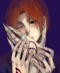 Rule 34 | 1boy, bad id, bad pixiv id, black eyes, command spell, face, fate/zero, fate (series), fuxia, gilles de rais (caster) (fate), hand on another&#039;s face, highres, kiss, kissing hand, male focus, one eye closed, red hair, solo, tattoo, uryuu ryuunosuke, wink