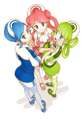 Rule 34 | 3girls, absurdres, ass, blue dress, blue eyes, blue footwear, blue hair, blue pantyhose, closed mouth, coffee cup, creatures (company), cup, disposable cup, dress, from above, from behind, full body, game freak, green dress, green footwear, green hair, green pantyhose, hat, highres, kuroe (crocrocroe), looking at viewer, looking back, matching hair/eyes, multiple girls, nintendo, nurse cap, open mouth, pantyhose, pink dress, pink footwear, pink hair, pink pantyhose, pokemon, pokemon masters ex, short hair, short sleeves, siblings, simple background, sisters, smile, tricia (pokemon), trinnia (pokemon), trista (pokemon), white background