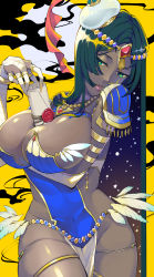 Rule 34 | 1girl, arm under breasts, arm wrap, armor, bandaged arm, bandages, between breasts, bikini, black hair, blue armor, breastplate, breasts, bridal gauntlets, circlet, cleavage, dark-skinned female, dark skin, facial mark, fate/grand order, fate (series), feathers, forehead jewel, full moon, green eyes, hat, highres, hisame (gocbu), jewelry, long hair, moon, parted bangs, parted lips, pauldrons, pelvic curtain, ring, scheherazade (fate), scroll, shoulder armor, solo, star (symbol), swimsuit, thighs, thumb ring, yellow background