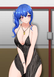 Rule 34 | 1girl, absurdres, azur lane, backless dress, backless outfit, bare shoulders, black dress, blue hair, bracelet, breasts, cleavage, closed mouth, dress, earrings, evening gown, hair between eyes, hair ornament, hairclip, halter dress, halterneck, highres, jewelry, large breasts, looking to the side, necklace, pink eyes, plunging neckline, revealing clothes, side ponytail, sidelocks, st. louis (azur lane), st. louis (luxurious wheels) (azur lane), thighs, wuwuwu (kriswu555)