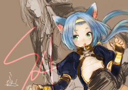 Rule 34 | 1boy, 1girl, :o, animal ears, arm around waist, arumat p. thanatos, blue hair, cat ears, circlet, copyright name, doraeshi, flat chest, gloves, green eyes, long hair, meracle chamlotte, no bra, out of frame, sepia background, size difference, star ocean, star ocean the last hope, tri-ace, twintails, underboob