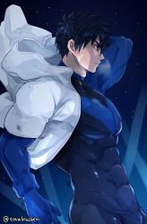 Rule 34 | 1boy, bandaid, bandaid on cheek, bandaid on face, bara, black bodysuit, black hair, blue bodysuit, bodysuit, closed mouth, covered abs, highres, hood, hood down, hooded jacket, jacket, large pectorals, male focus, muscular, muscular male, night, night sky, open clothes, open jacket, original, outdoors, pectorals, short hair, sky, solo, taut clothes, torakichi (ebitendon), twitter username, two-tone bodysuit, white jacket