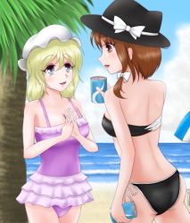 Rule 34 | 2girls, alternate costume, ass, beach, bikini, blonde hair, blue eyes, blue sky, bow, breasts, brown eyes, brown hair, can, cleavage, cloud, day, hair bow, hat, hat ribbon, interlocked fingers, looking at another, looking away, maribel hearn, medium breasts, mob cap, multiple girls, one-piece swimsuit, outdoors, own hands clasped, own hands together, palm tree, parted lips, ribbon, short hair, side-tie bikini bottom, sky, swimsuit, tamafuru, touhou, tree, umbrella, usami renko