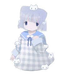 Rule 34 | 1girl, absurdres, arm at side, blue eyes, blue ribbon, cat ornament, clenched hand, cropped torso, grey hair, highres, ilcfq, long sleeves, looking at viewer, moqneko (brand), no nose, plaid, plaid shirt, rabbit ornament, ribbon, sailor collar, shirt, short hair, simple background, sleeves past wrists, solo, tears, transparent background