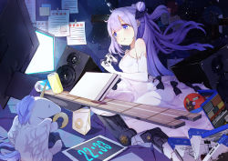 Rule 34 | 1girl, 999kun, azur lane, blue eyes, can, cd, cd case, clock, commentary, controller, digital clock, dress, drink can, elbow gloves, evening gown, game console, game controller, gloves, hair between eyes, hair ribbon, highres, long hair, one side up, playstation 4, purple hair, ribbon, sitting, soda can, solo, speaker, stuffed animal, stuffed toy, stuffed unicorn, television, tongue, tongue out, unicorn (azur lane), wariza, white dress, white gloves