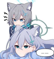 ... 2girls absurdres ahoge animal_ear_fluff animal_ears aqua_eyes aqua_halo aqua_scarf arm_support biting biting_ear blue_archive blue_eyes closed_mouth commentary_request criss-cross_halter dot_mouth dot_nose fang grey_hair grey_jacket hair_between_eyes halo halterneck highres jacket korean_commentary long_hair looking_at_another lying multiple_girls on_stomach scarf shiroko_(blue_archive) shiroko_terror_(blue_archive) short_hair simple_background skin_fang skyrain315 spoken_ellipsis v-shaped_eyebrows white_background wolf wolf_ears