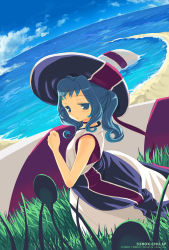 Rule 34 | 1girl, bare shoulders, beach, blue eyes, blue hair, blue sky, cloud, day, dress, from behind, grass, hat, looking at viewer, looking back, matching hair/eyes, original, outdoors, plant, sand, sango (53box), shore, sky, solo, sun hat, water, white dress