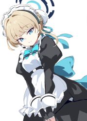 Rule 34 | 1girl, apron, belt, black dress, black gloves, blonde hair, blue archive, blue eyes, blue ribbon, braid, closed mouth, commentary, dress, expressionless, fingerless gloves, french braid, frilled apron, frills, gloves, hair bun, hair ribbon, highres, juliet sleeves, kiomota, long sleeves, maid, maid apron, maid headdress, narrowed eyes, neck ribbon, puffy long sleeves, puffy sleeves, ribbon, short hair, simple background, solo, toki (blue archive), white apron, white background, wrist cuffs