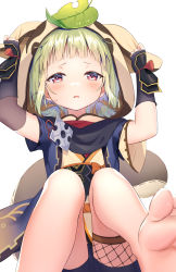 Rule 34 | 1girl, absurdres, animal ears, animal hood, arms up, azusa (980650076), barefoot, bike shorts, black gloves, black scarf, black shorts, blunt bangs, blush, fake animal ears, feet, fingerless gloves, genshin impact, gloves, hands on own head, highres, hood, japanese clothes, kimono, knees up, leaf, leaf on head, legs, raccoon ears, red eyes, sayu (genshin impact), scarf, short hair, short shorts, short sleeves, shorts, silver hair, sitting, soles, solo, thigh strap, thighs, toes, yellow kimono
