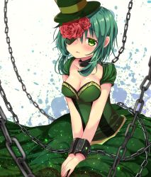 Rule 34 | 1girl, bad id, bad pixiv id, blush, breasts, chain, chained, cleavage, collarbone, dress, eyepatch, flower, frown, green dress, green eyes, green hair, green hat, gumi, hair flower, hair ornament, hands on lap, hat, highres, kasane (cynthia), looking at viewer, medium breasts, medium hair, open mouth, own hands together, red flower, red rose, rose, solo, vocaloid