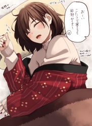 Rule 34 | 1girl, absurdres, blush, bob cut, brown hair, brown sweater, closed eyes, commentary request, drooling, facing viewer, hanten (clothes), highres, kapatarou, kotatsu, long sleeves, lying, nail polish, off shoulder, on side, open mouth, original, pillow, red nails, saliva, sleeping, sleeves past wrists, solo, sweater, table, thick eyebrows, translation request, under kotatsu, under table