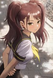 Rule 34 | 1girl, arms behind back, black sailor collar, black skirt, blush, breasts, brown hair, checkered clothes, checkered skirt, day, earrings, fagi (kakikaki), from side, highres, jewelry, kujikawa rise, leaning forward, long hair, looking at viewer, looking to the side, medium breasts, outdoors, parted lips, persona, persona 4, sailor collar, school uniform, serafuku, shirt, skirt, smile, solo, twintails, white shirt, yasogami school uniform, yellow eyes