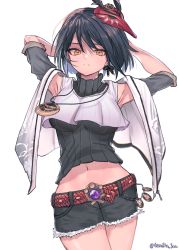 Rule 34 | 1girl, absurdres, amulet, arms behind head, belt, belt chain, black hair, casual, chinese commentary, commentary request, cutoffs, denim, denim shorts, earrings, genshin impact, hair between eyes, highres, jacket, jewelry, kujou sara, mask, mask on head, shipi (qlenf0715), short hair, shorts, simple background, single earring, solo, turtleneck, twitter username, vision (genshin impact), white background, white jacket, yellow eyes