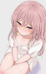 Rule 34 | 1girl, absurdres, between legs, blush, closed mouth, collarbone, flat chest, from above, hand between legs, highres, inui sajuna, koisuke, looking at viewer, looking up, no pants, pink eyes, pink hair, shirt, short sleeves, simple background, sitting, solo, sono bisque doll wa koi wo suru, white background, white shirt