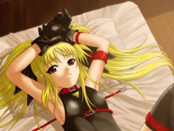 Rule 34 | 00s, 1girl, 40010prototype, bed, blonde hair, collar, fate testarossa, fate testarossa (original form), flat chest, gloves, long hair, lying, lyrical nanoha, mahou shoujo lyrical nanoha, red eyes, solo, spread legs, thighhighs, twintails