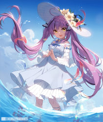 Rule 34 | 1girl, :d, absurdres, ahoge, breasts, brown eyes, chucolala, day, detached sleeves, dress, fish, flower, hat, hat flower, heart, heart ahoge, highres, jellyfish, long hair, long sleeves, looking at viewer, open mouth, otome oto, purple hair, smile, solo, standing, steepled fingers, sun hat, sylvia (huajiuhuajiu), twintails, very long hair, virtual youtuber, wading, water, white dress, white hat, yellow flower