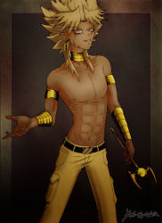 Rule 34 | 1boy, armband, belt, blonde hair, egypt, gradient background, highres, jewelry, male focus, necklace, short hair, solo, tan, topless male, wristband, yami marik, yu-gi-oh!, yu-gi-oh! duel monsters