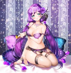 Rule 34 | 10s, 1girl, aile (crossroads), arm support, black panties, blush, bra, breast lift, breasts, cleavage, fishnet thighhighs, fishnets, flower, full body, garter belt, garter straps, green eyes, hair flower, hair ornament, jewelry, large breasts, lingerie, long hair, looking at viewer, love live!, love live! school idol festival, love live! school idol project, necklace, off shoulder, panties, parted lips, pillow, pinup (style), purple bra, purple eyes, rose, shiny skin, skindentation, solo, squatting, strap slip, thick thighs, thighhighs, thighs, tojo nozomi, twintails, underwear, underwear only, very long hair