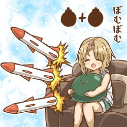 Rule 34 | ^ ^, absurdres, blonde hair, blush, bomb, child, closed eyes, couch, explosive, hair ornament, heaven burns red, highres, holding, kayamori ruka, marihei64ds, missile, open mouth, short hair, sitting, weapon