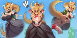 Rule 34 | 1girl, after anal, anus, armlet, ass, black dress, black thighhighs, blonde hair, blue background, blue eyes, blush, bowsette, bracelet, breasts, choker, dildo, dress, fangs, garter straps, highres, huge ass, jewelry, kanel, large breasts, laughing, looking at viewer, looking back, mario (series), mushroom, new super mario bros. u deluxe, nintendo, nipples, phallic symbol, pointy ears, sex toy, solo, spiked armlet, spiked bracelet, spiked choker, spiked shell, spikes, strapless, strapless dress, super crown, tail, thighhighs, v-shaped eyebrows