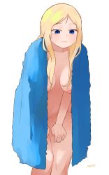 Rule 34 | 1girl, absurdres, blonde hair, blue eyes, blue towel, breasts, closed mouth, fingernails, hanging breasts, highres, large breasts, leaning forward, legs together, long hair, naked towel, navel, nipples, nude, original, parted bangs, ryusei hashida, signature, simple background, solo, towel, wet, wet hair, white background