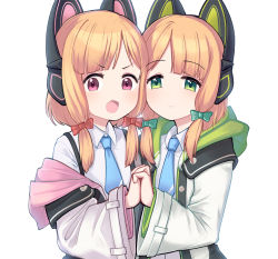 Rule 34 | 2girls, animal ears, blonde hair, blue archive, blue necktie, blush, bow, closed mouth, collar, fake animal ears, green eyes, hair bow, holding hands, hood, hooded jacket, interlocked fingers, jacket, jacy, long hair, long sleeves, midori (blue archive), momoi (blue archive), multiple girls, necktie, off shoulder, open mouth, pink eyes, siblings, simple background, sisters, smile, suspenders, upper body, v-shaped eyebrows, white background, white jacket