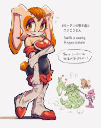 1girl 3boys absurdres animal_ears animal_nose boots breasts charmy_bee cleavage closed_mouth commentary_request cosplay english_text espio_the_chameleon furry furry_female furry_male gloves hashi84e heart heart-shaped_eyes highres holding_own_arm leash looking_at_viewer mixed-language_text multiple_boys orange_eyes rabbit_ears rabbit_girl rabbit_tail reptile_boy rouge_the_bat rouge_the_bat_(cosplay) simple_background sonic_(series) speech_bubble standing tail upper_body vanilla_the_rabbit vector_the_crocodile white_background white_footwear white_gloves