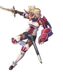 Rule 34 | 1girl, armor, armored boots, blonde hair, boots, breastplate, covered collarbone, dark-skinned female, dark skin, dress, elbow pads, fire emblem, fire emblem awakening, fire emblem heroes, flavia (fire emblem), gloves, highres, holding, holding sword, holding weapon, lips, long hair, nintendo, official art, purple eyes, short dress, shoulder armor, sidelocks, skirt, solo, sword, thighhighs, transparent background, weapon, yoneko okome, zettai ryouiki
