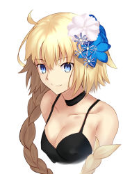 Rule 34 | 1girl, besmiled, blonde hair, blue eyes, blush, breasts, cleavage, closed mouth, collarbone, fate/grand order, fate (series), flower, hair flower, hair ornament, jeanne d&#039;arc (fate), jeanne d&#039;arc (formal dress) (fate), jeanne d&#039;arc (ruler) (fate), long hair, looking at viewer, medium breasts, smile, solo, upper body